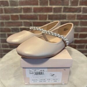 Girls Rhinestone Pearls Strap Mary Jane Ballet Flats Kids Nude Pink Size 3Y NIB